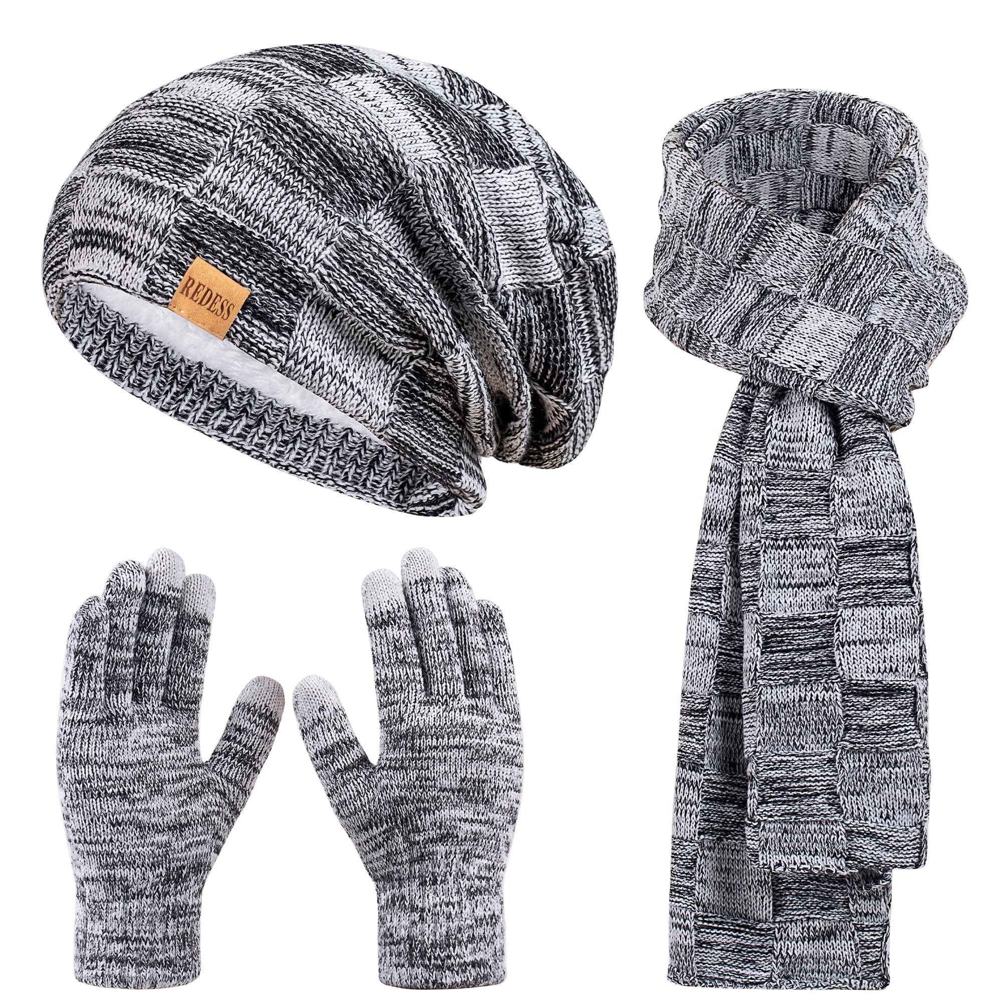 Womens winter warm beanie infinity scarf and touch screen gloves set