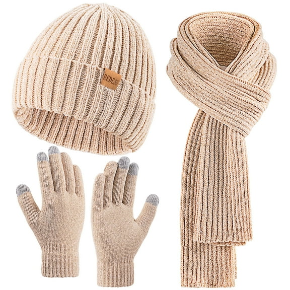 REDESS Winter Women's Beanie Hat Scarf Gloves Set-Beige
