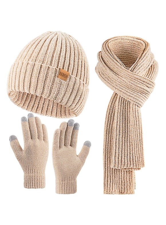 Winter Women's Beanie Hat Scarf Gloves Set-Beige