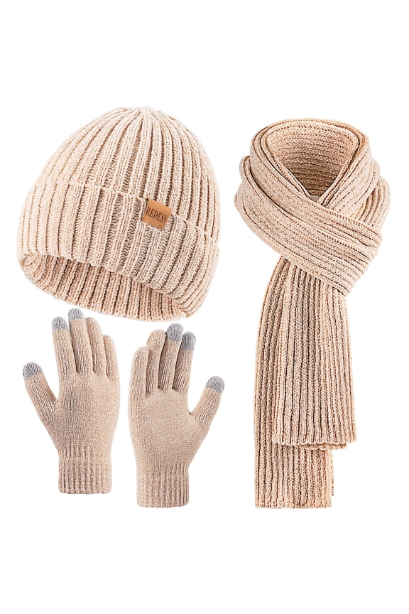 Winter Women's Beanie Hat Scarf Gloves Set-Beige