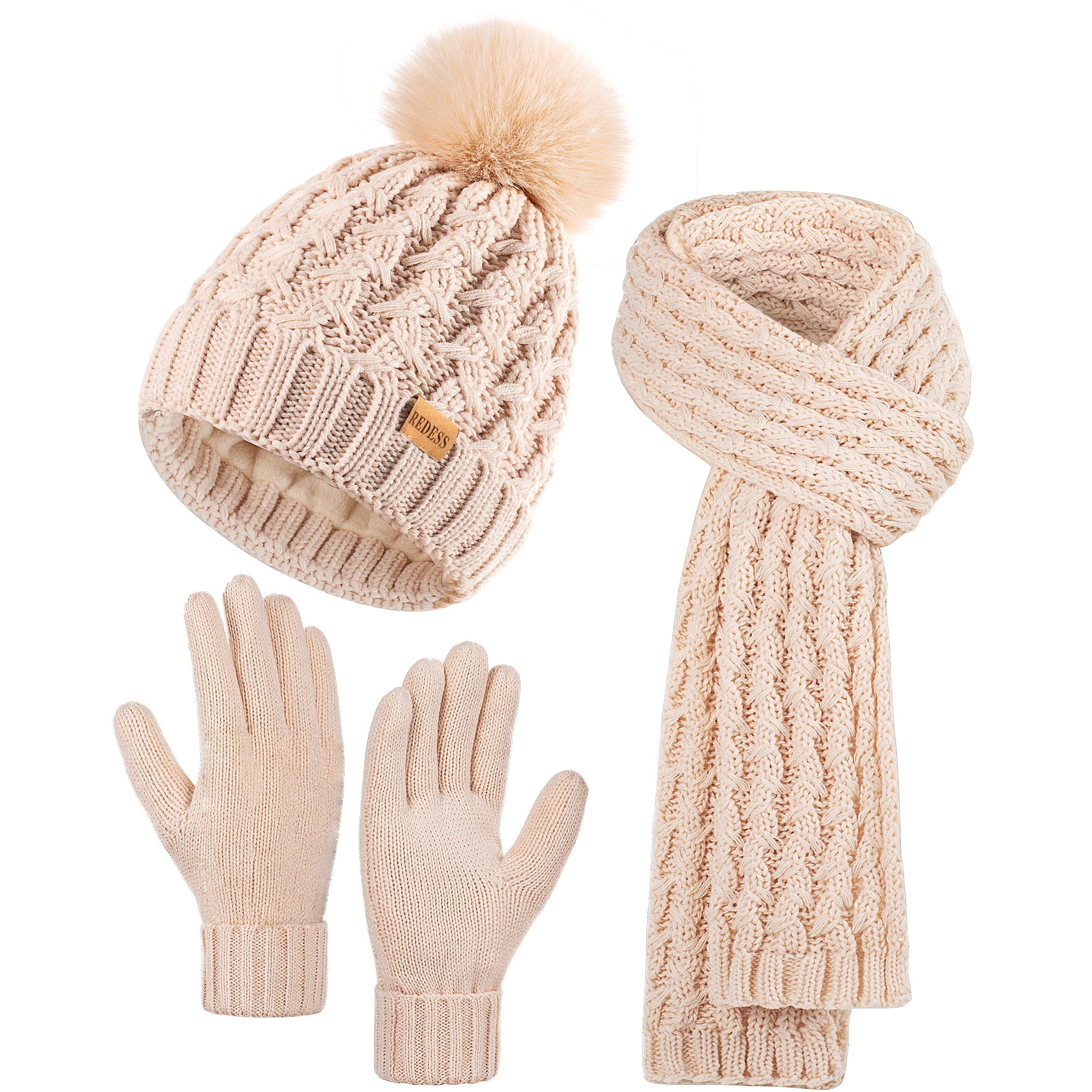 REDESS Winter Women's Beanie Hat Scarf Gloves Set, Fleece Lined Winter Hat with Pom Pom,Beige