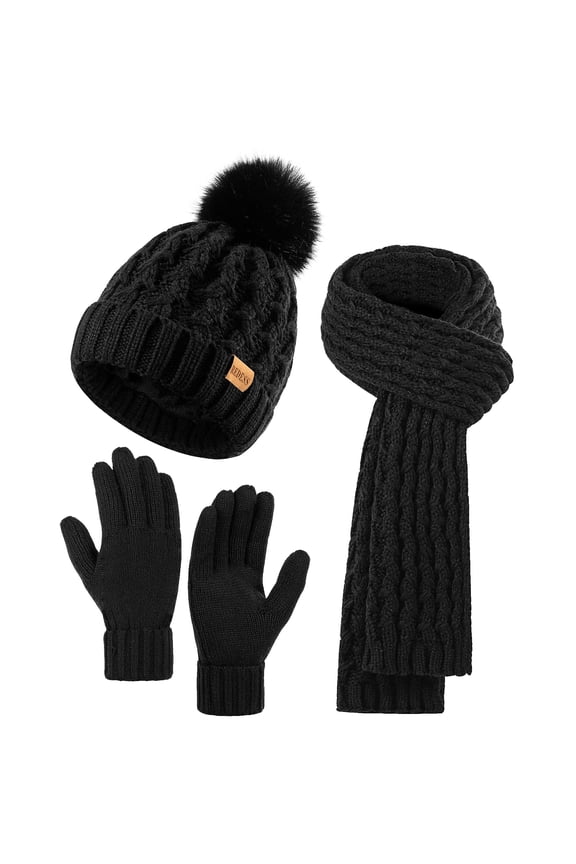 Winter Women's Beanie Hat Scarf Gloves Set, Fleece Lined Winter Hat with Pom Pom,Black