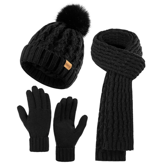 REDESS Winter Women's Beanie Hat Scarf Gloves Set, Fleece Lined Winter Hat with Pom Pom,Black