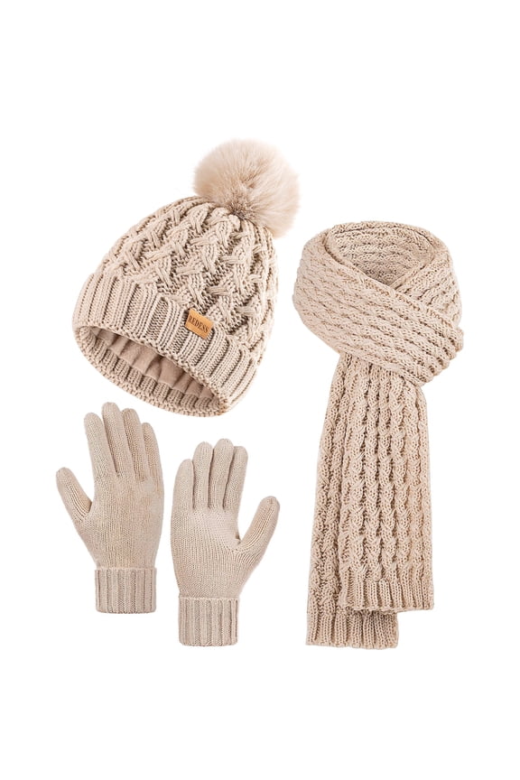 Winter Women’s Beanie Hat Scarf Gloves Set, Fleece Lined Winter Hat with Pom Pom,Oat
