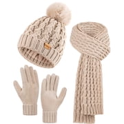 REDESS Winter Women’s Beanie Hat Scarf Gloves Set, Fleece Lined Winter Hat with Pom Pom,Oat