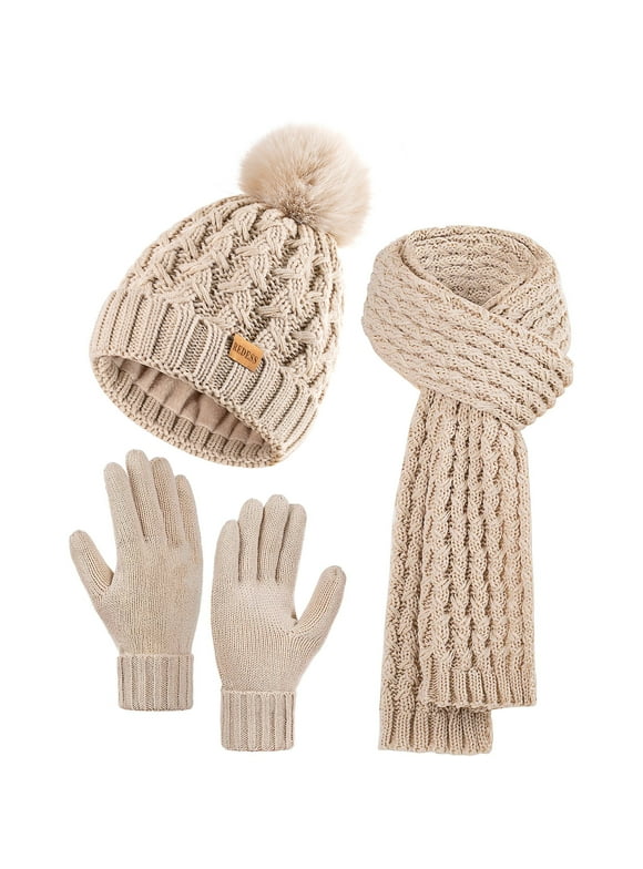 Winter Women’s Beanie Hat Scarf Gloves Set, Fleece Lined Winter Hat with Pom Pom,Oat