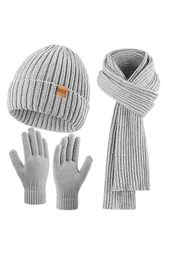 Winter Women's Beanie Hat Scarf Gloves Set-Light Gray