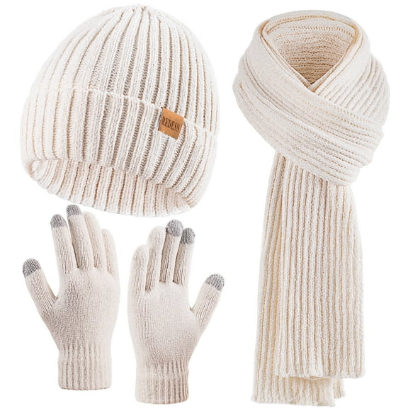 REDESS Winter Women's Beanie Hat Scarf Gloves Set-White