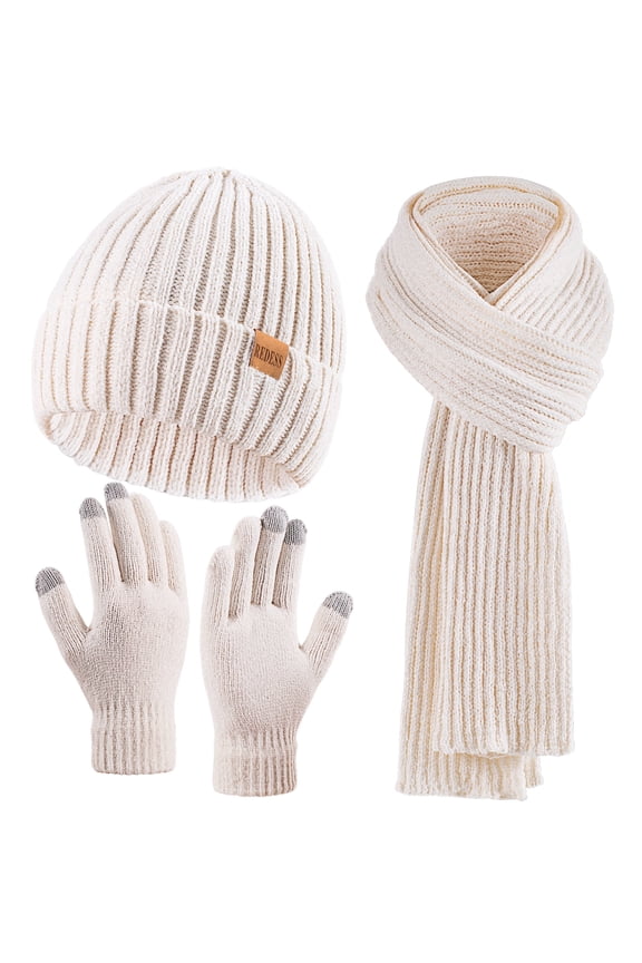 Winter Women's Beanie Hat Scarf Gloves Set-White