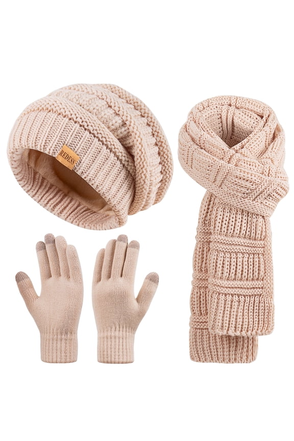 Women's Winter Slouchy Beanie Hat, Scarf & Glove Sets,Beige