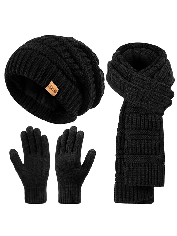 Women's Winter Slouchy Beanie Hat, Scarf & Glove Sets,Black