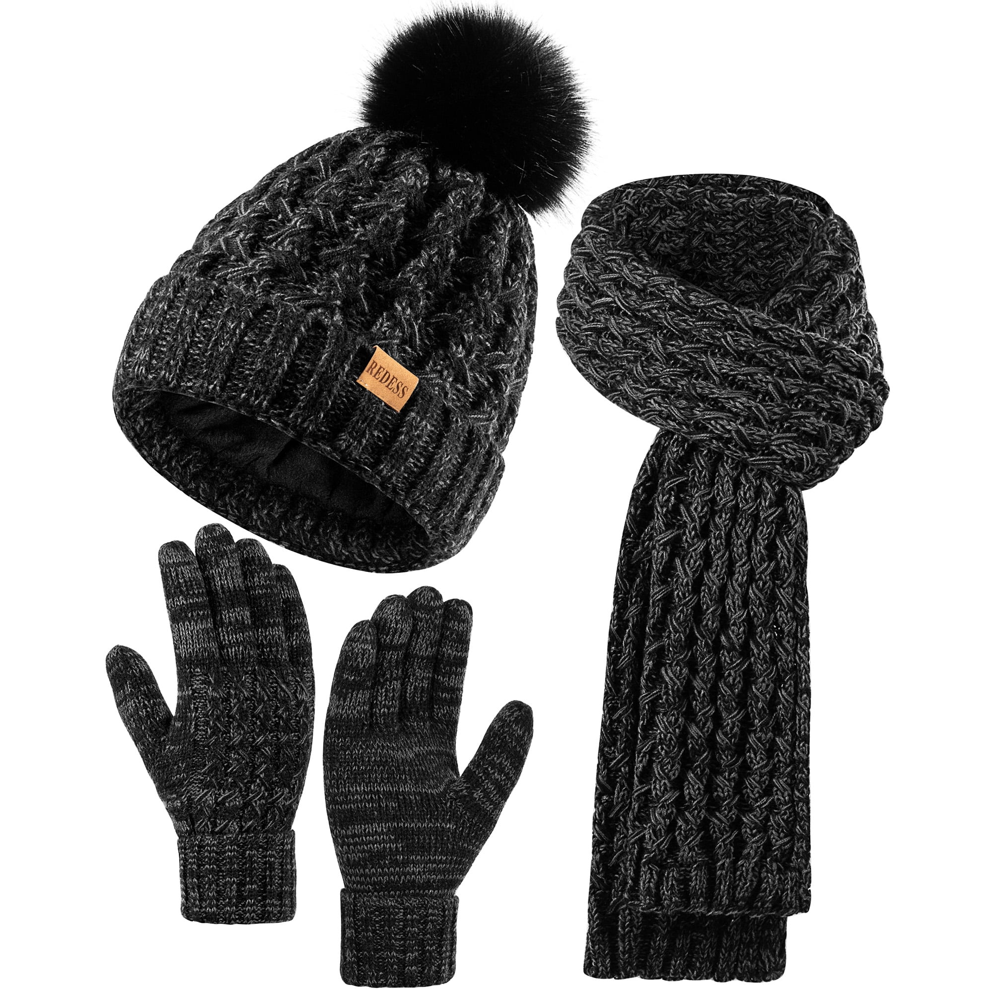 REDESS Winter Women's Beanie Hat Scarf Gloves Set, Fleece Lined