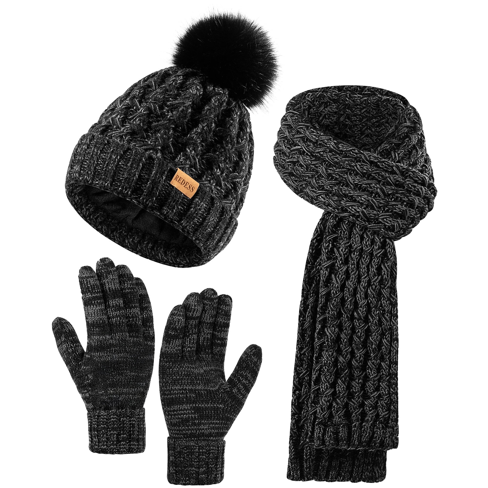 REDESS Winter Womens Beanie Hat Scarf Gloves Set, Fleece Lined Winter Hat with Pom Pom