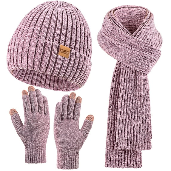 REDESS Winter Womens Chenille Beanie Hat Scarf Gloves Set-Pink