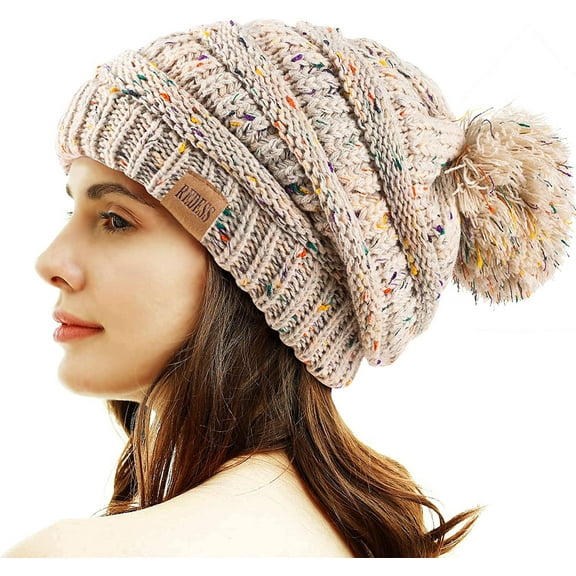 REDESS Women Acrylic Pom Pom Beanie Hat,Confetti Oat,One Size