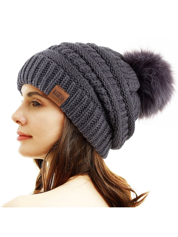 Women Acrylic Pom Pom Beanie Hat,Grey,One Size