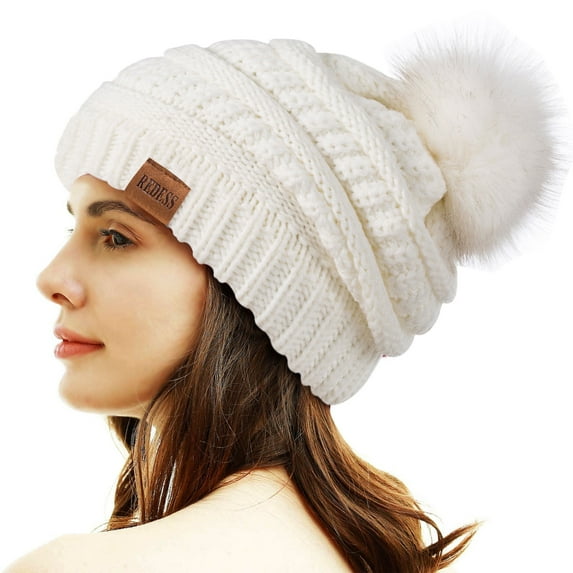 REDESS Women Acrylic Pom Pom Beanie Hat,White,One Size