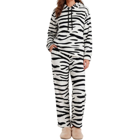 REDESS Womens Pajama Sets, 2 Piece Fuzzy Fleece Hooded Top & Straight Leg Pants, Warm Winter Loungewear