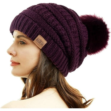 REDESS Women's Acrylic Winter Pom Pom Beanie Hat, Purple, One Size