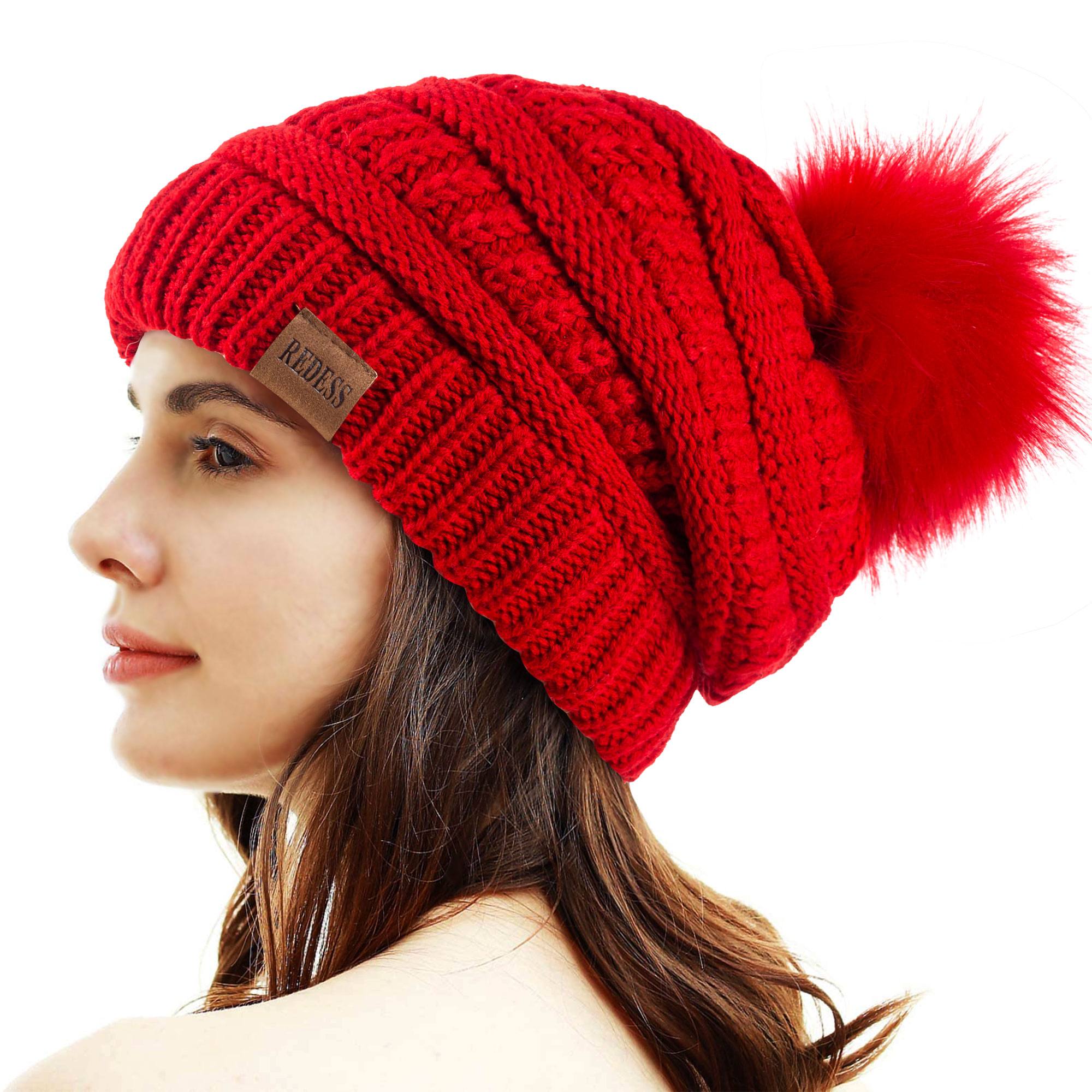 Fashion Women Ladies Winter Beanie Hat Warm Knitted With Small Crystals Large Pom Pom Hats