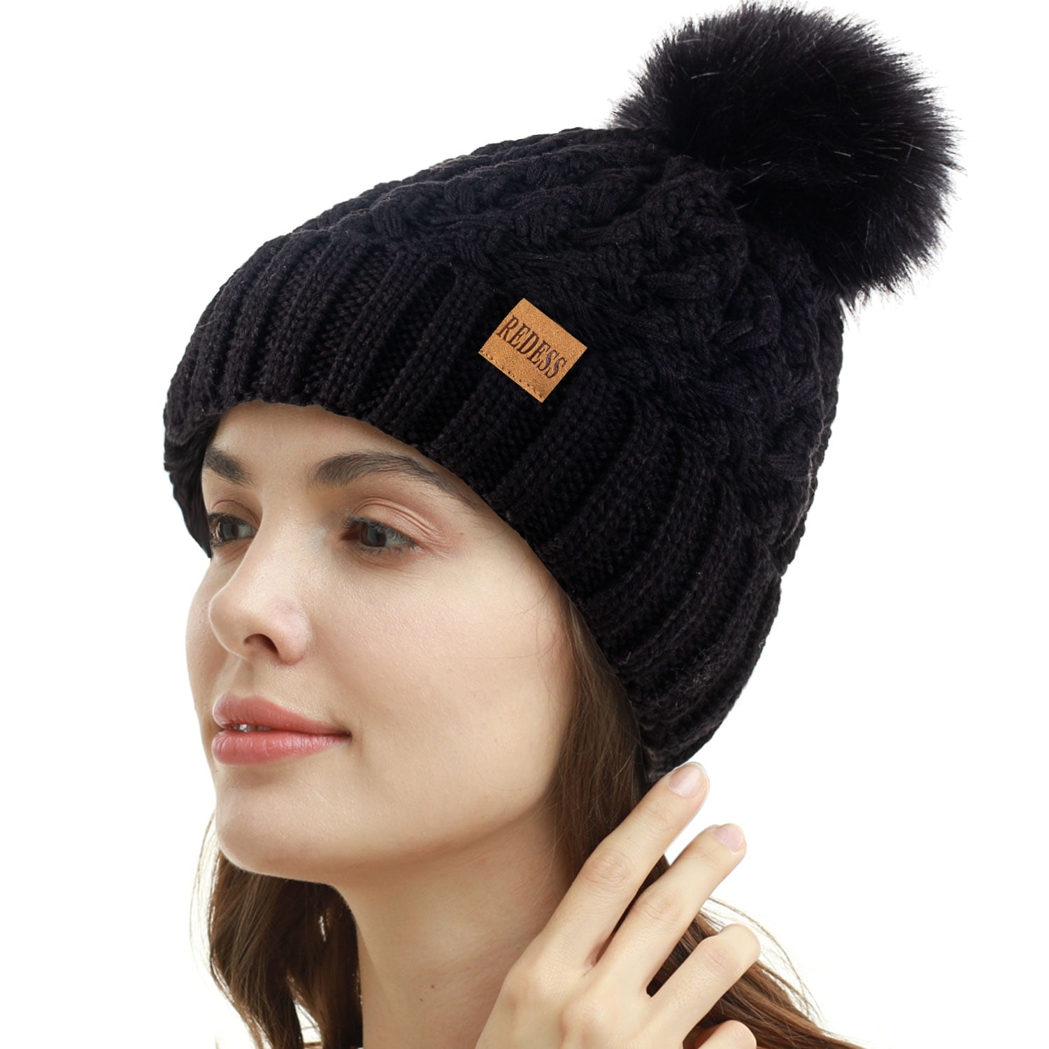 REDESS Women Winter Pompom Beanie Hat for WomenBlack