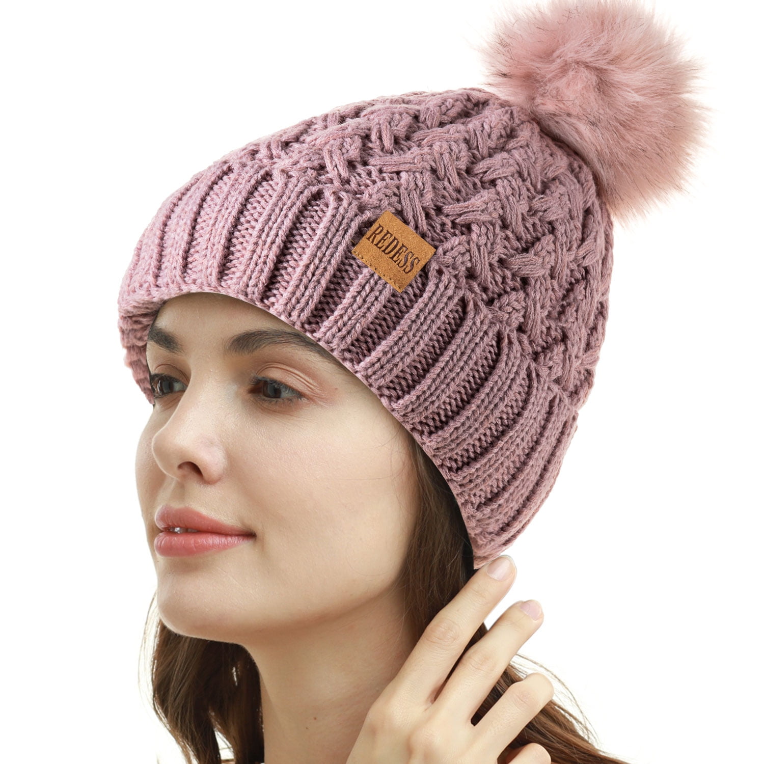 REDESS Women Winter Pompom Beanie Hat for Women-Pink - Walmart.com