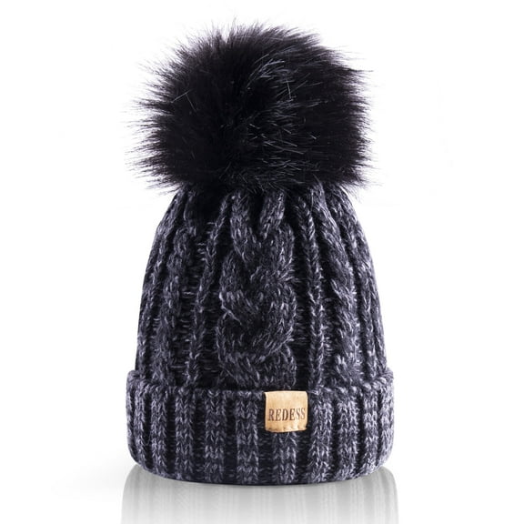 REDESS Women Winter Pompom Beanie Hat with Warm Fleece Lined, Thick Slouchy Knit Skull Ski Cap-Black&Grey