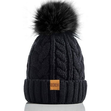 REDESS Women Winter Pompom Beanie Hat with Warm Fleece Lined, Thick Slouchy Knit Skull Ski Cap-Black
