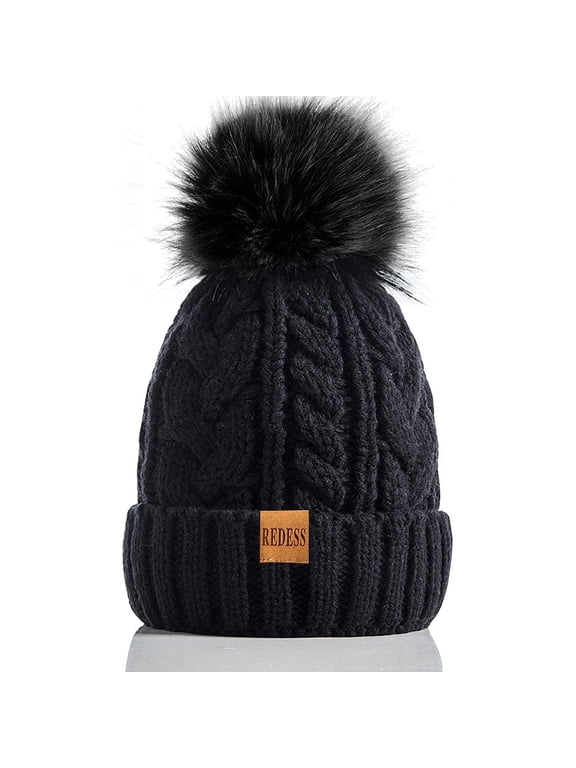 Women Winter Pompom Beanie Hat with Warm Fleece Lined, Thick Slouchy Knit Skull Ski Cap-Black