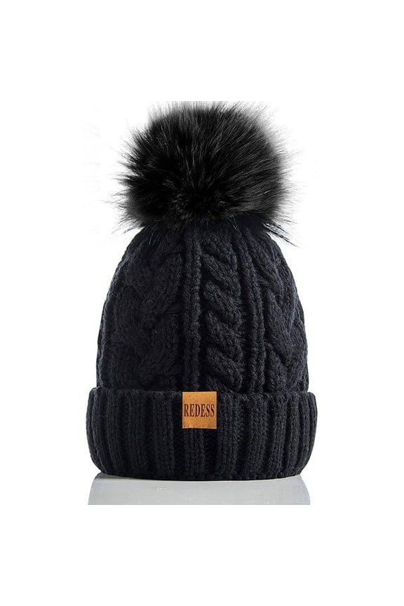 Women Winter Pompom Beanie Hat with Warm Fleece Lined, Thick Slouchy Knit Skull Ski Cap-Black