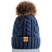 REDESS Women Winter Pompom Beanie Hat with Warm Fleece Lined, Thick Slouchy Knit Skull Ski Cap-Blue