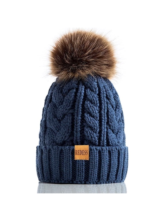 Women Winter Pompom Beanie Hat with Warm Fleece Lined, Thick Slouchy Knit Skull Ski Cap-Blue