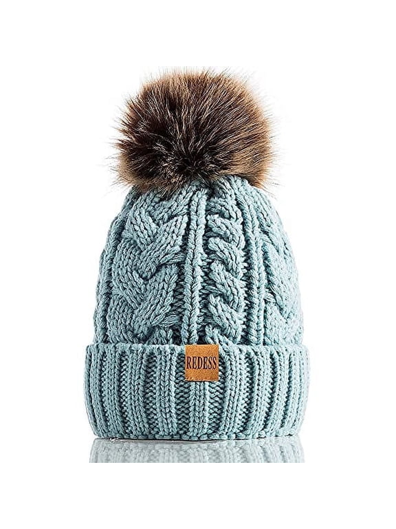 Women Winter Pompom Beanie Hat with Warm Fleece Lined, Thick Slouchy Knit Skull Ski Cap-Blue