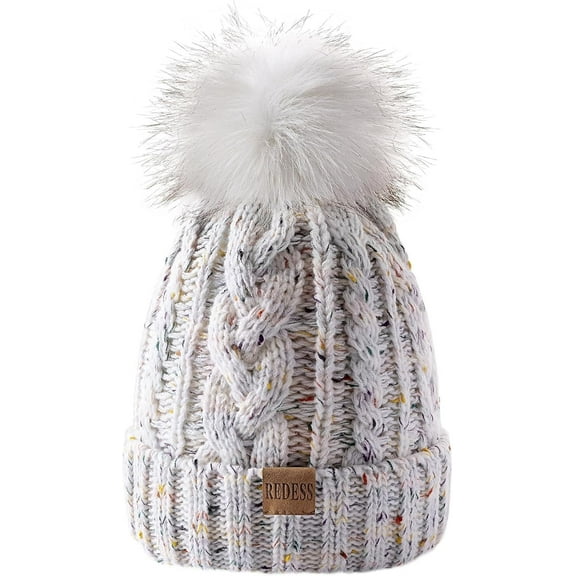 REDESS Women Winter Pompom Beanie Hat with Warm Fleece Lined, Thick Slouchy Knit Skull Ski Cap-Dot White