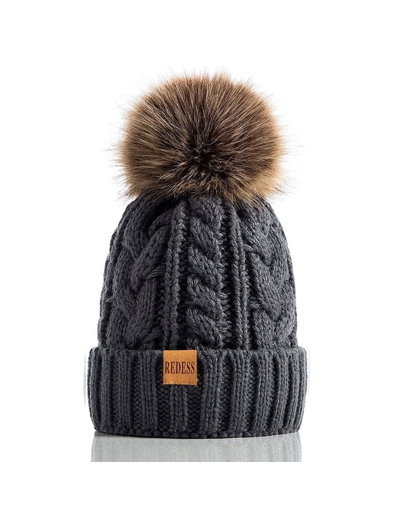 Women Winter Pompom Beanie Hat with Warm Fleece Lined, Thick Slouchy Knit Skull Ski Cap-Gray