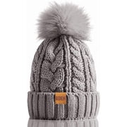 REDESS Women Winter Pompom Beanie Hat with Warm Fleece Lined, Thick Slouchy Knit Skull Ski Cap-Grey