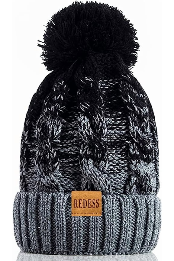 Women Winter Pompom Beanie Hat with Warm Fleece Lined, Thick Slouchy Knit Skull Ski Cap-Mix Black