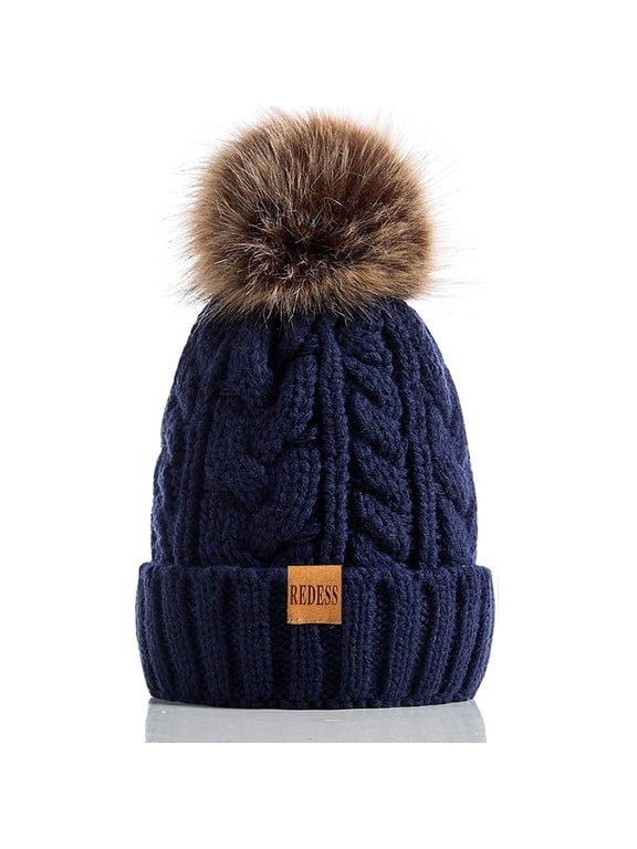 Women Winter Pompom Beanie Hat with Warm Fleece Lined, Thick Slouchy Knit Skull Ski Cap-Navy