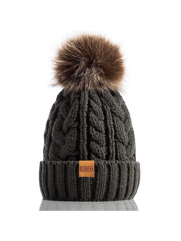 Women Winter Pompom Beanie Hat with Warm Fleece Lined, Thick Slouchy Knit Skull Ski Cap-Olive