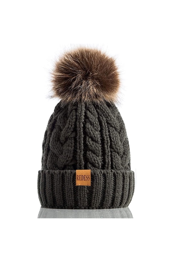 Women Winter Pompom Beanie Hat with Warm Fleece Lined, Thick Slouchy Knit Skull Ski Cap-Olive