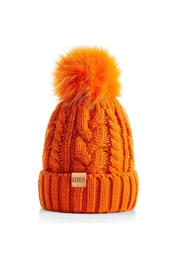Women Winter Pompom Beanie Hat with Warm Fleece Lined, Thick Slouchy Knit Skull Ski Cap-Orange