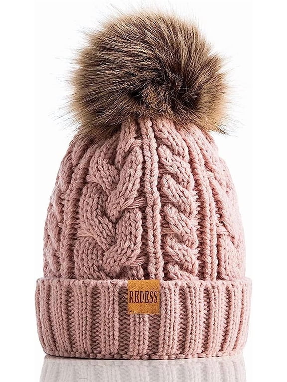 Women Winter Pompom Beanie Hat with Warm Fleece Lined, Thick Slouchy Knit Skull Ski Cap-Pink