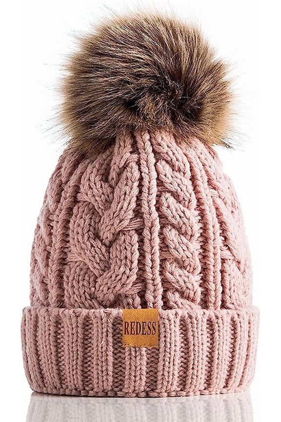 Women Winter Pompom Beanie Hat with Warm Fleece Lined, Thick Slouchy Knit Skull Ski Cap-Pink