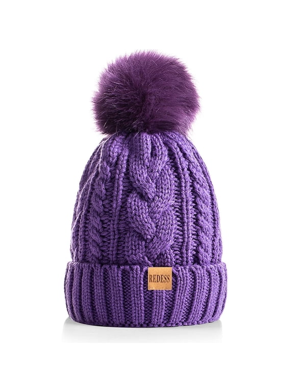 Women Winter Pompom Beanie Hat with Warm Fleece Lined, Thick Slouchy Knit Skull Ski Cap-Purple