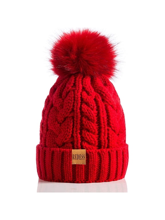 Women Winter Pompom Beanie Hat with Warm Fleece Lined, Thick Slouchy Knit Skull Ski Cap-Red