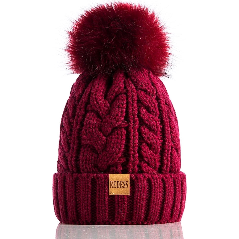 Women’s Wine Red Winter Fleece-Lined Chunky Knit Beanie Snow Hat Cap Wine Red Merino Wool Chunky Knitted Beanie | In stock! | Fawler main image 4