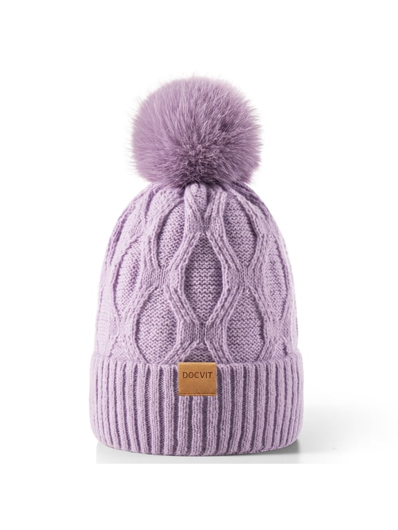 Women Winter Pompom Beanie Hat with Warm Fleece Lined, Thick Slouchy Knit Skull Ski Cap