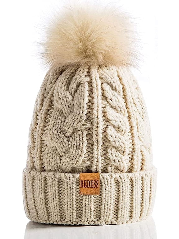 Women Winter Pompom Beanie Hat with Warm Fleece Lined, Thick Slouchy Snow Knit Skull Ski Cap-Beige