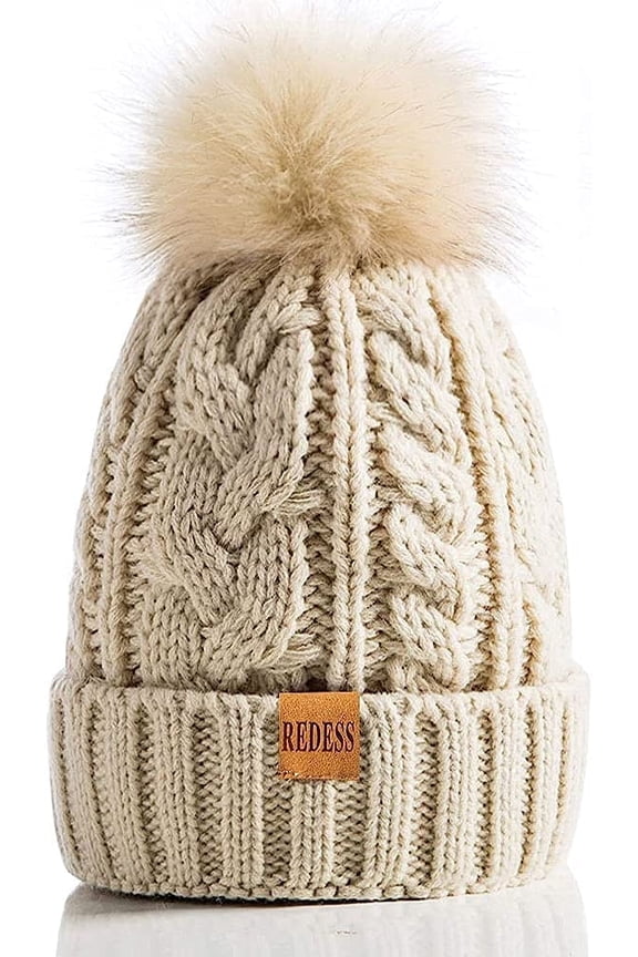 Women Winter Pompom Beanie Hat with Warm Fleece Lined, Thick Slouchy Snow Knit Skull Ski Cap-Beige