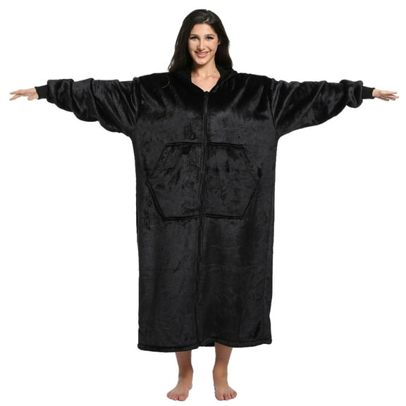 REDESS Women and Men Plus Wearable Blanket Hoodie Sweatshirt With Zipper-Black